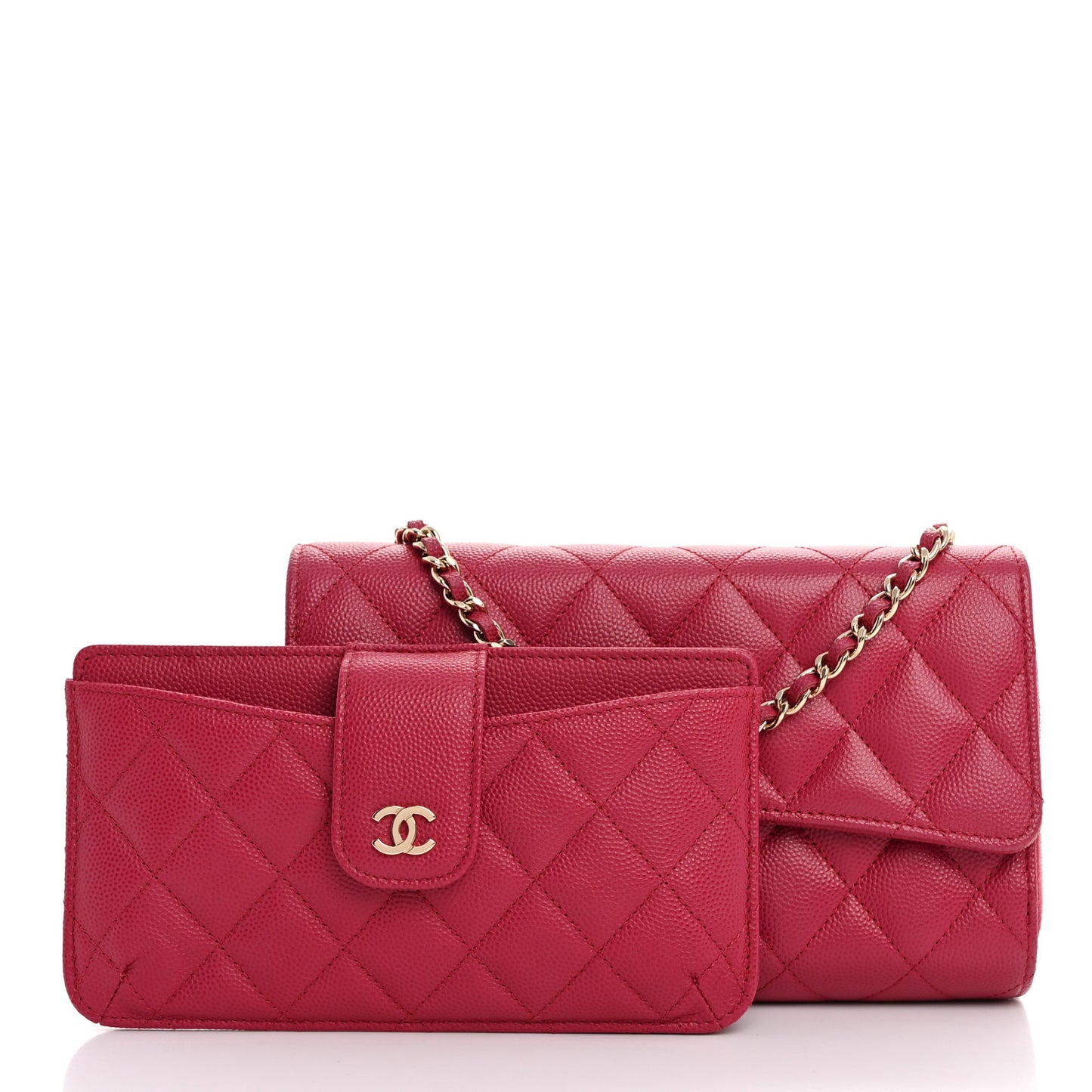 Caviar Quilted Phone Holder Wallet on Removable Chain Dark Pink