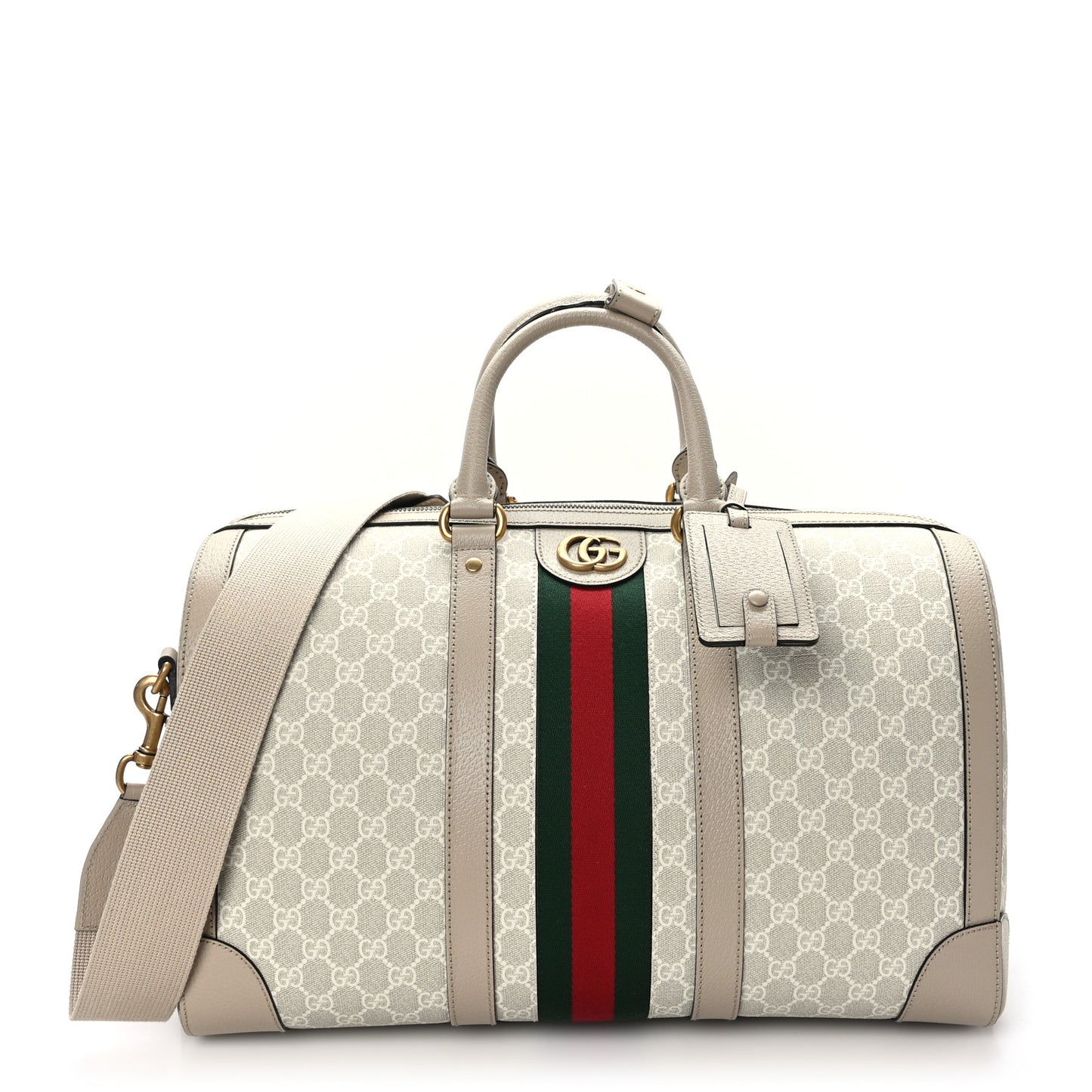 GG Supreme Monogram Textured Dollar Calfskin Web Medium Savoy Duffle Bag Beige Mystic White Oatmeal