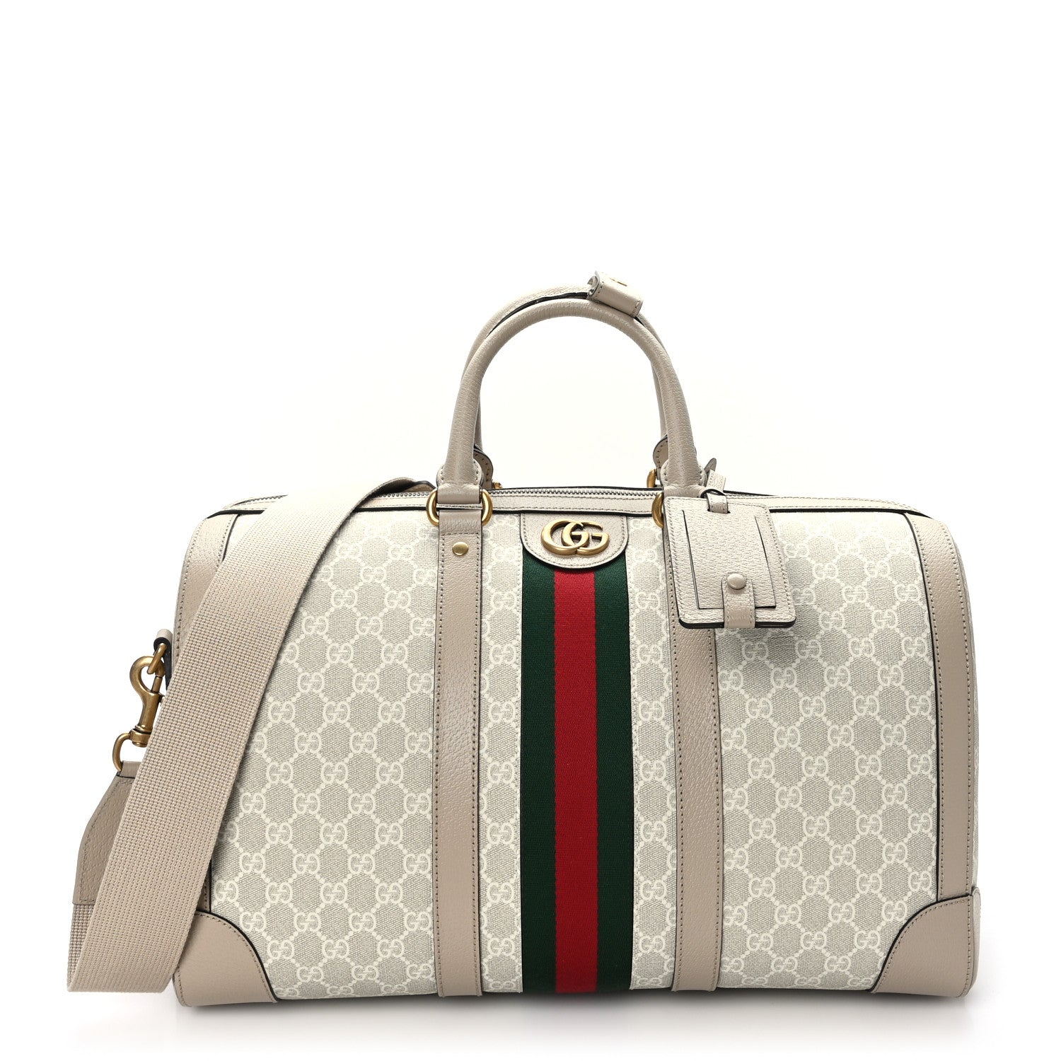 Gucci GG Supreme Monogram Textured Dollar Calfskin Web Medium Savoy Duffle Bag Beige Mystic White Oatmeal 1 of 10