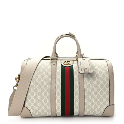 Gucci GG Supreme Monogram Textured Dollar Calfskin Web Medium Savoy Duffle Bag Beige Mystic White Oatmeal 1 of 10