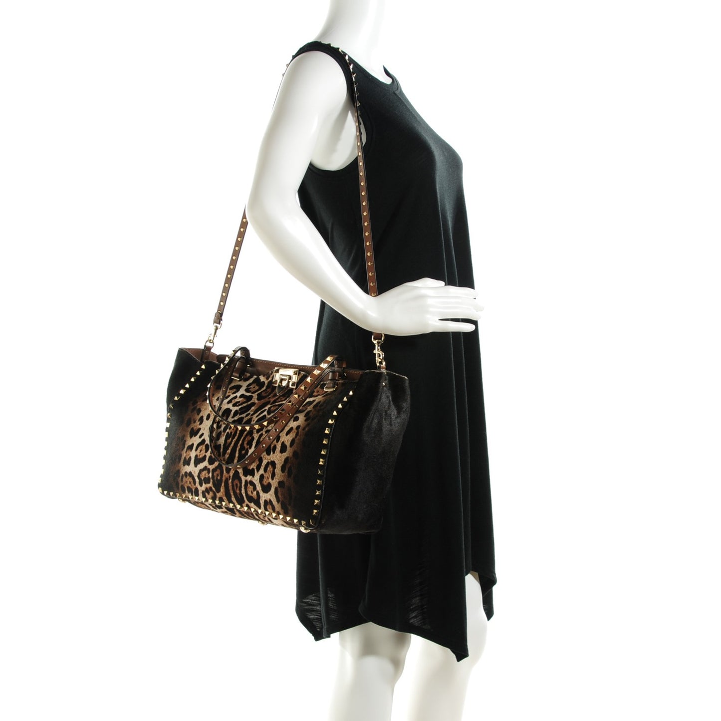 Calf Hair Leopard Print Medium Rockstud Tote Leopard