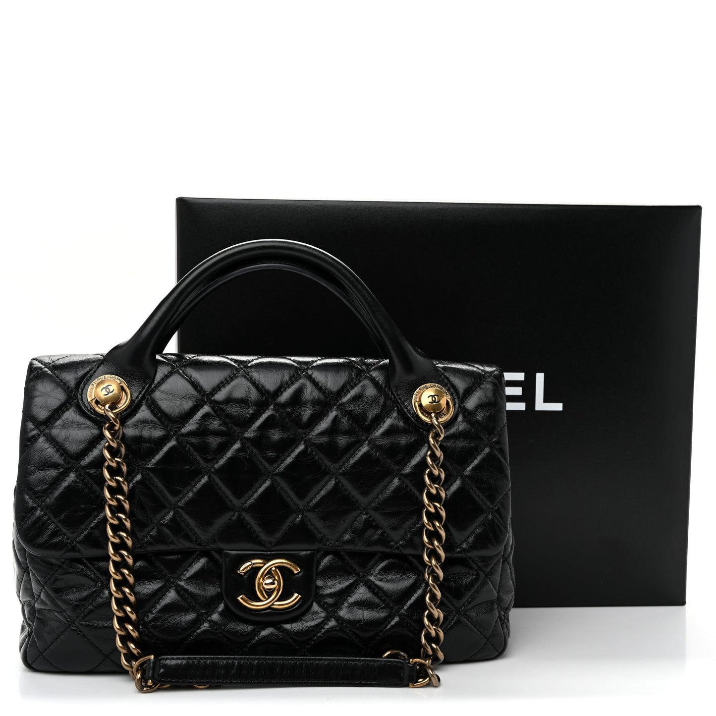 Glazed Calfskin Castle Rock Medium Flap Black