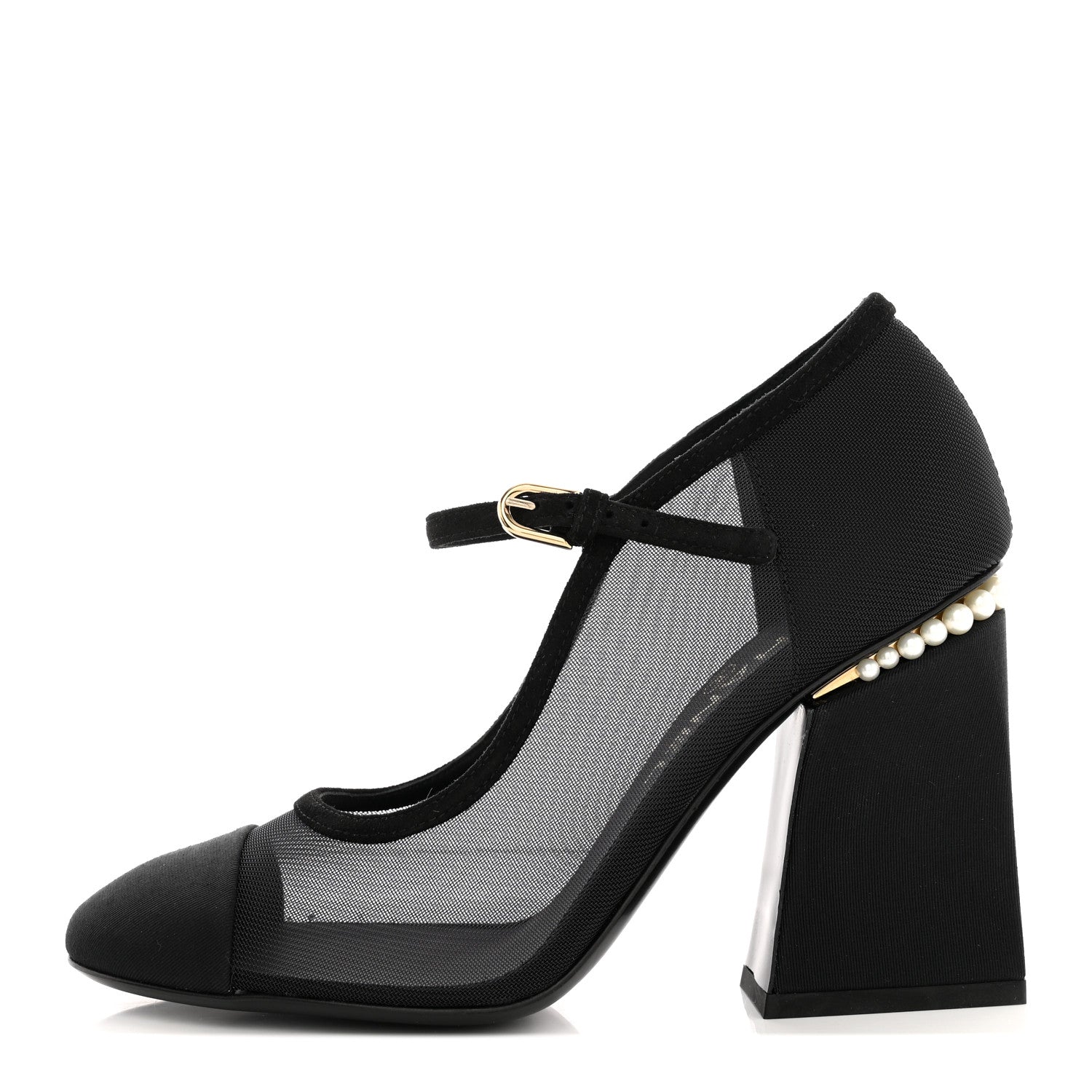 Chanel Mesh Suede Grosgrain Pearls Cap Toe Open Slingback Pumps 37 Black 1 of 9
