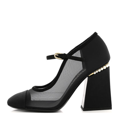 Chanel Mesh Suede Grosgrain Pearls Cap Toe Open Slingback Pumps 37 Black 1 of 9