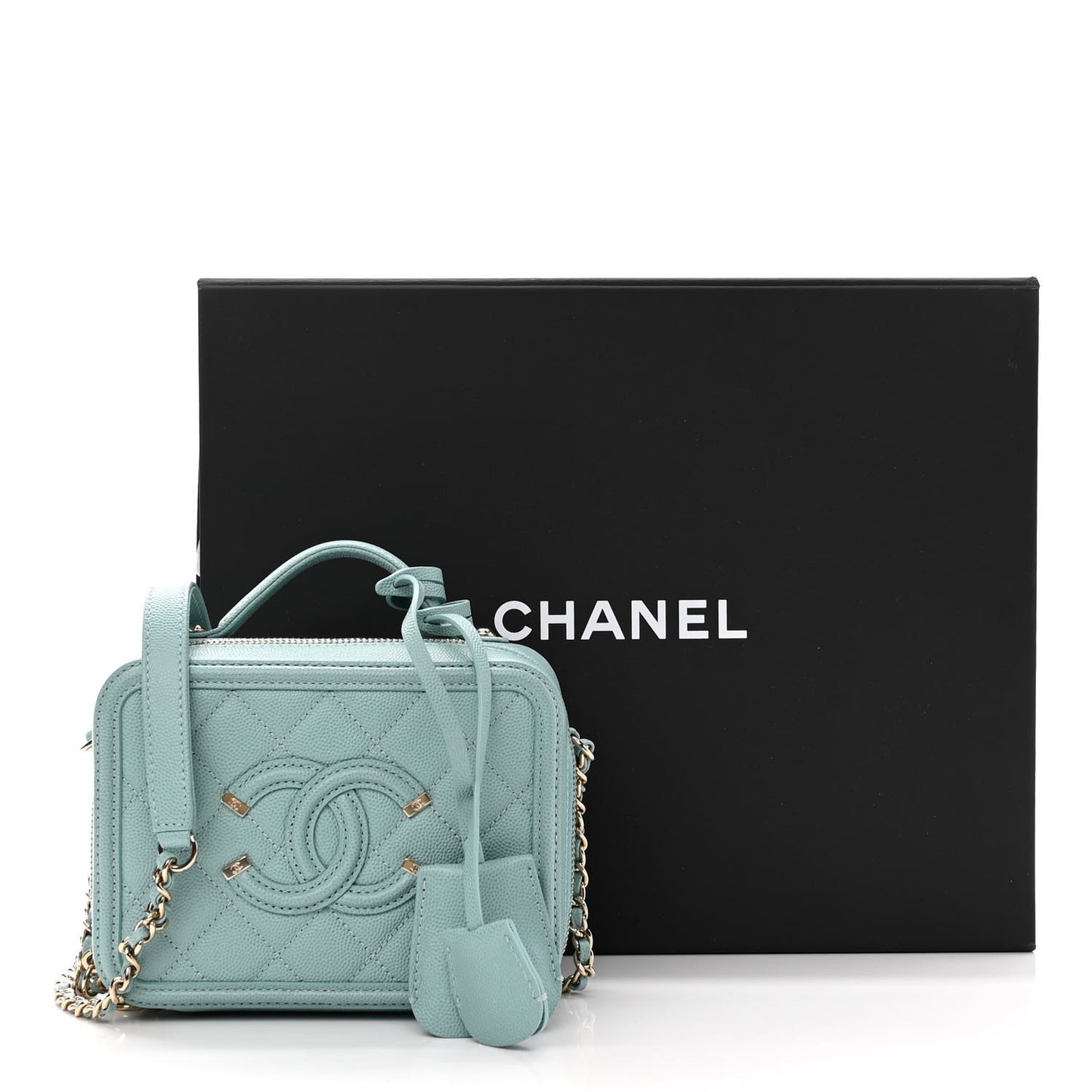 Caviar Quilted Small CC Filigree Vanity Case Light Blue