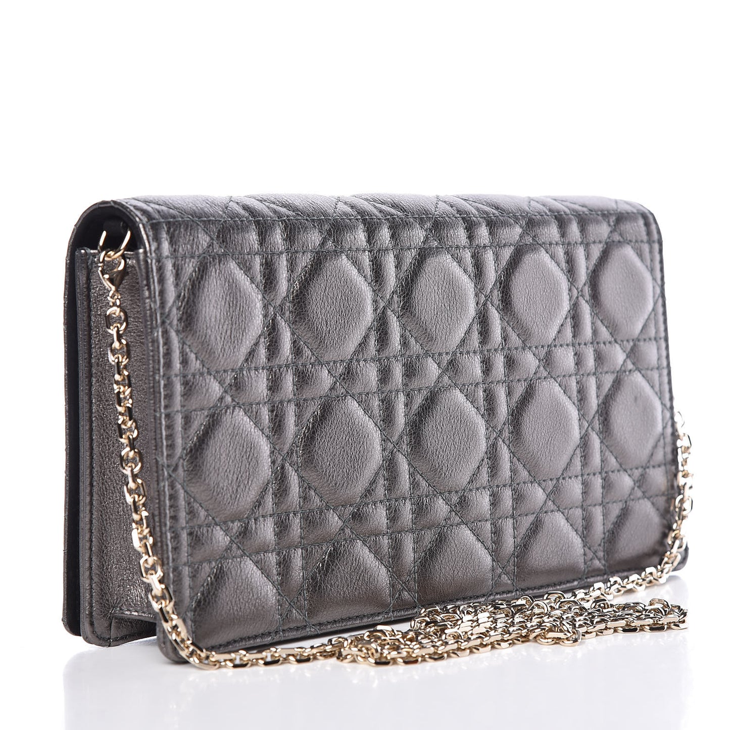 Metallic Calfskin Cannage Lady Dior Convertible Clutch Gunmetal