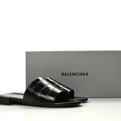 Balenciaga Calfskin Logo Crocodile Embossed Box 5mm Slide Sandals 37 Black White 10 of 10