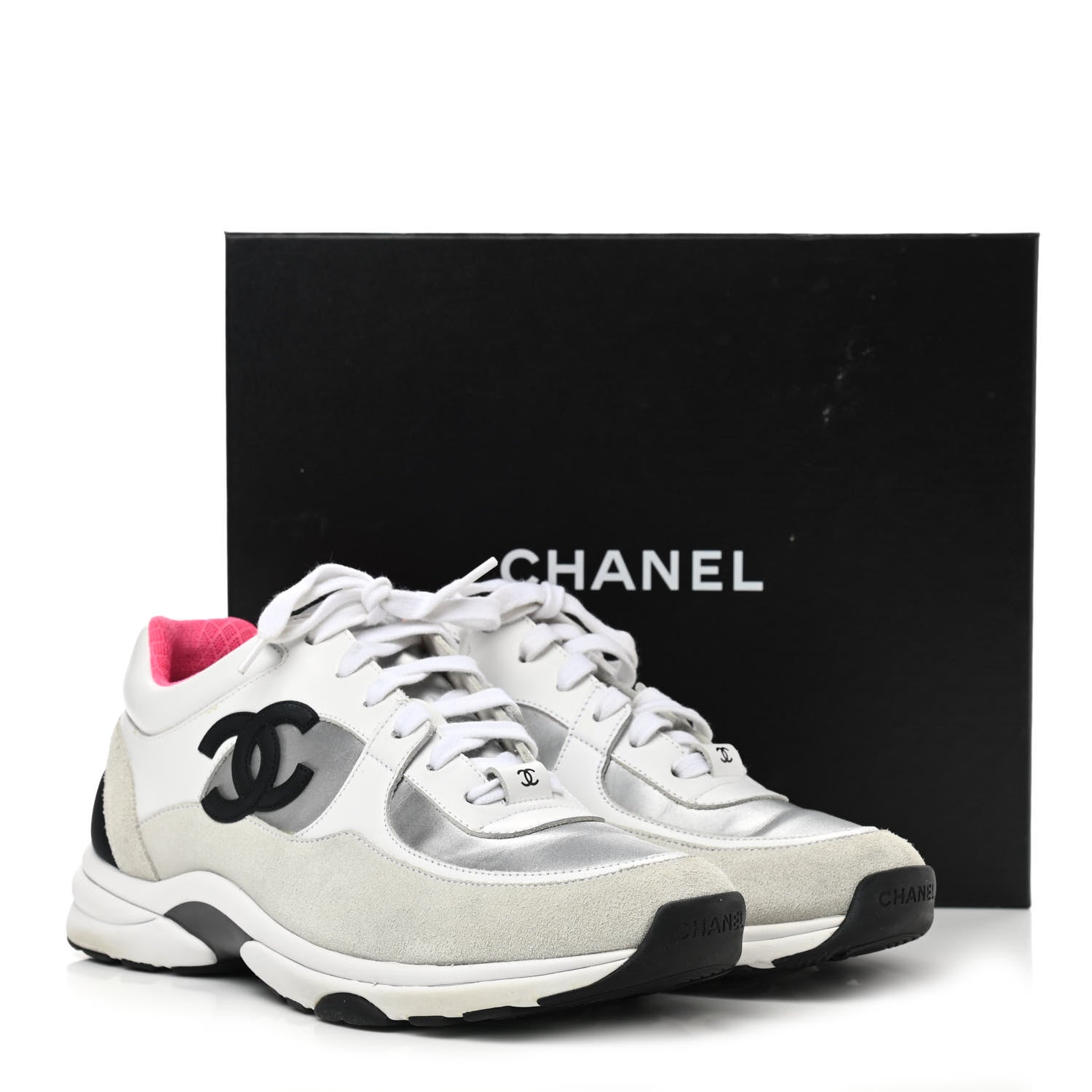 Chanel Calfskin Fabric Sneakers 40 White Silver Fluo Pink 14 of 14