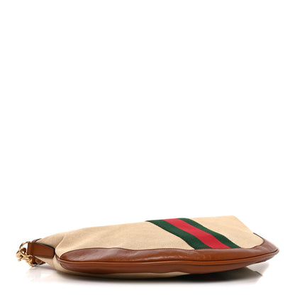 Gucci Vintage Canvas Calfskin Web Large Ophidia Half Moon Hobo Sand Light Cuir 3 of 9