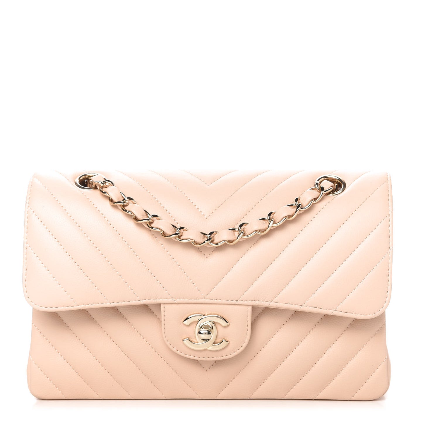 Caviar Chevron Quilted Small Double Flap Beige