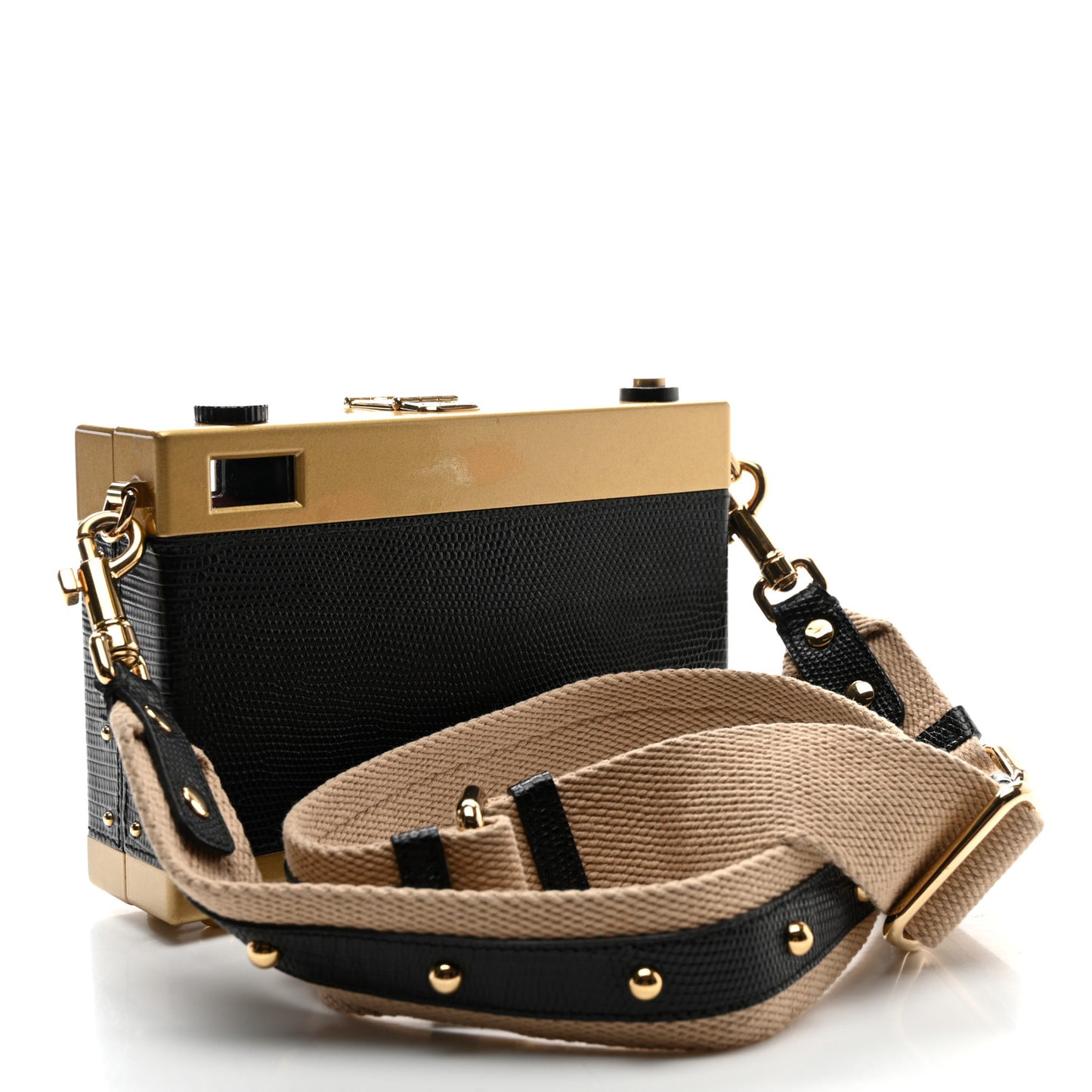 Lizard Camera Shoulder Bag Black Gold