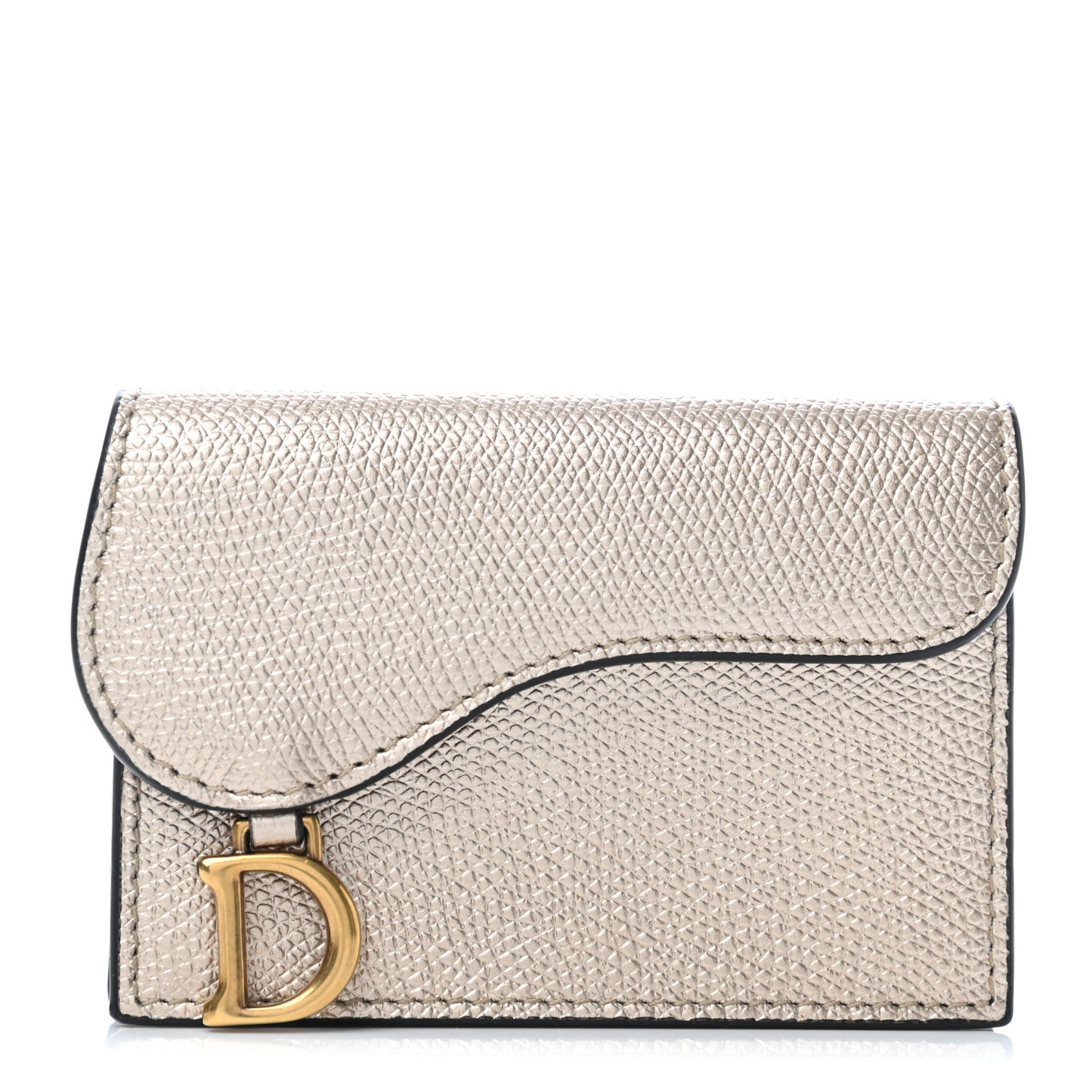 Metallic Grained Calfskin Saddle Card Holder Champagne
