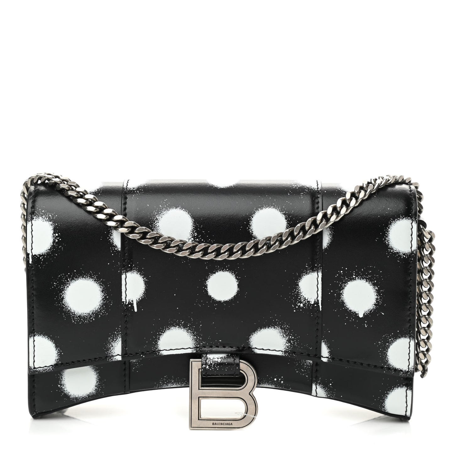 Shiny Box Calfskin Polka Dot Hourglass Chain Bag Black White