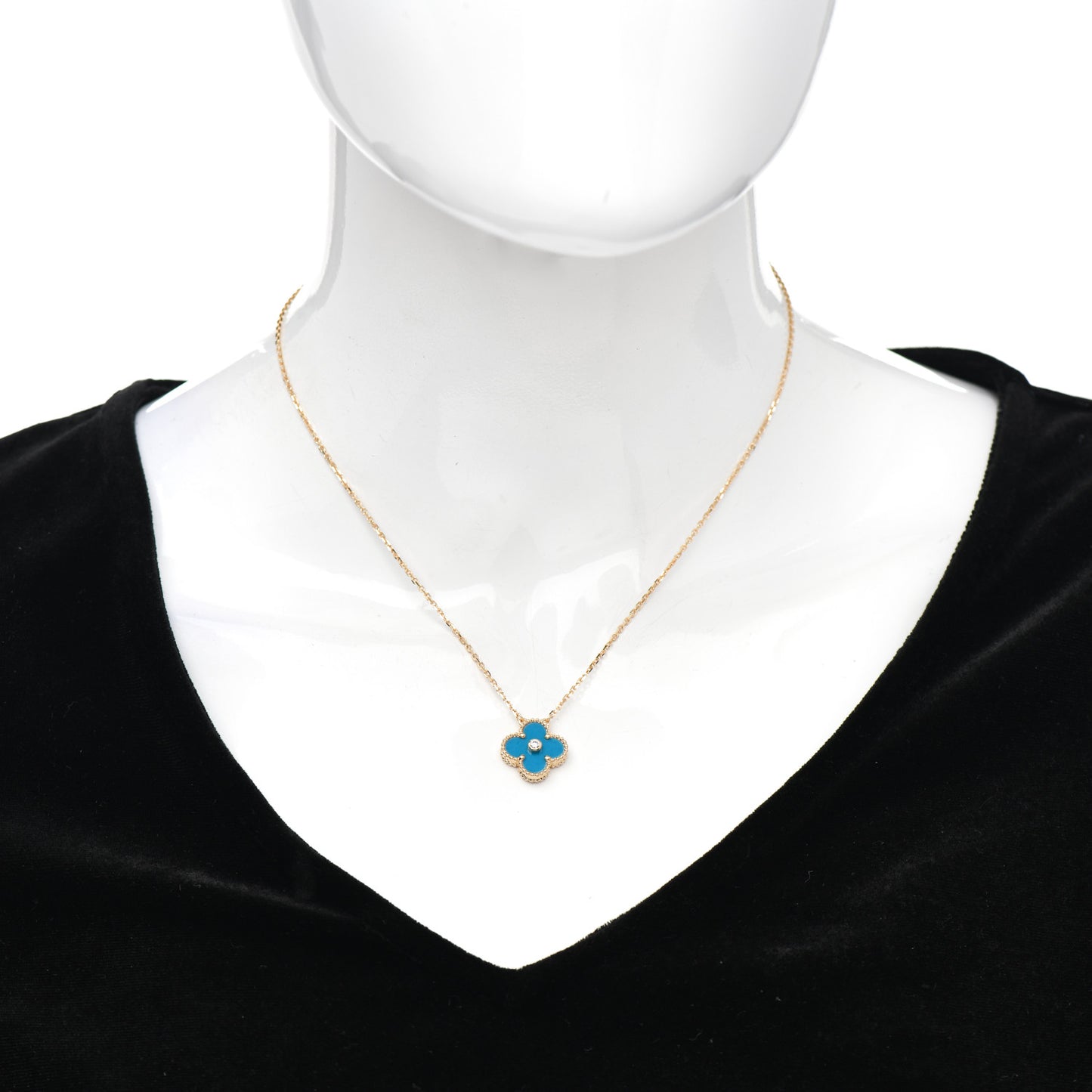 18K Yellow Gold Diamond Celestial Blue Sevres Porcelain Vintage Alhambra Pendant Necklace