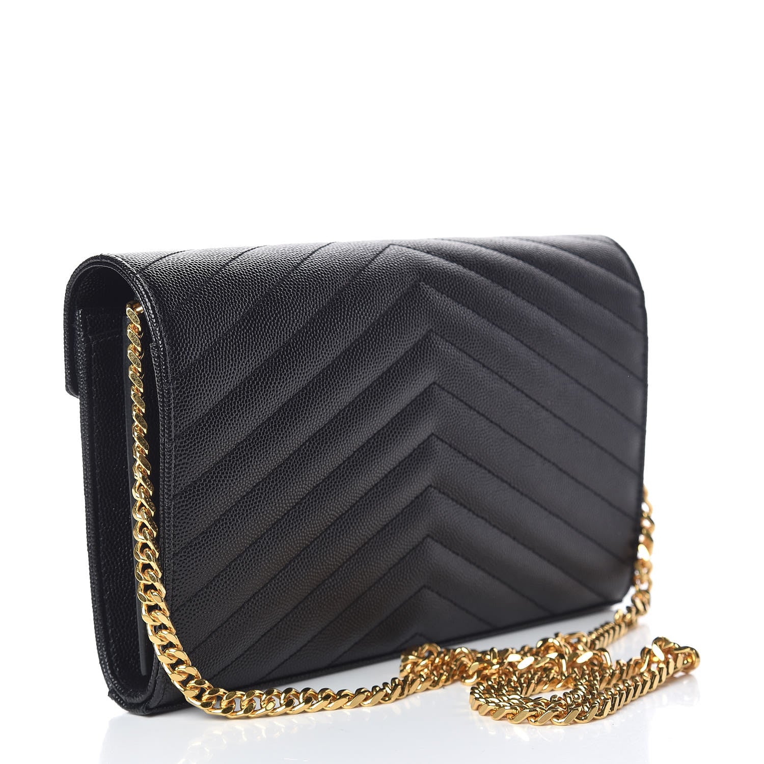 Saint Laurent Grain De Poudre Matelasse Chevron Monogram Chain Wallet Black 3 of 10