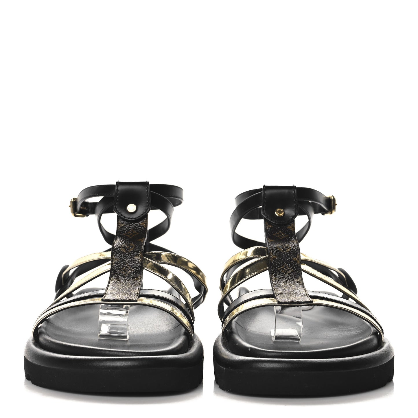 Patent Calfskin Monogram Pool Pillow Comfort Sandals 39 Gold Black Brown