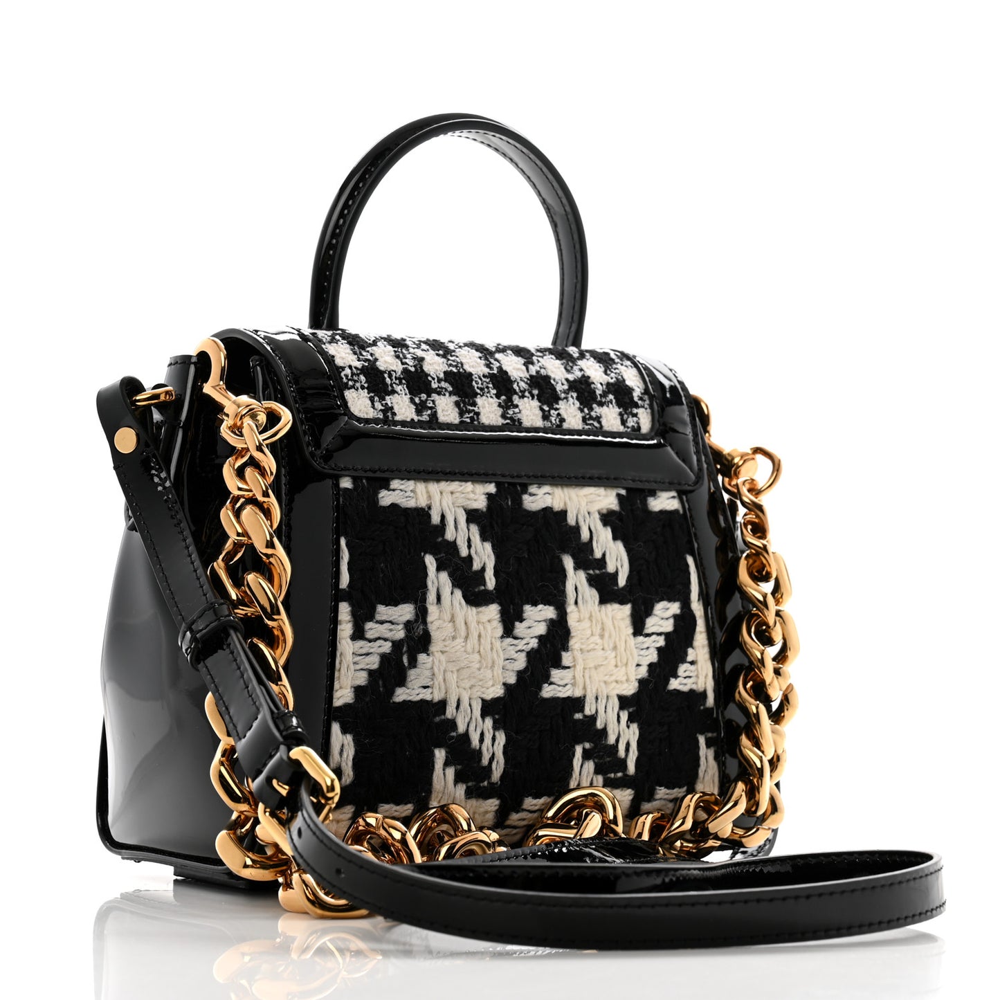 Patent Calfskin Tweed Houndstooth Medusa Small Top Handle Handbag Black White