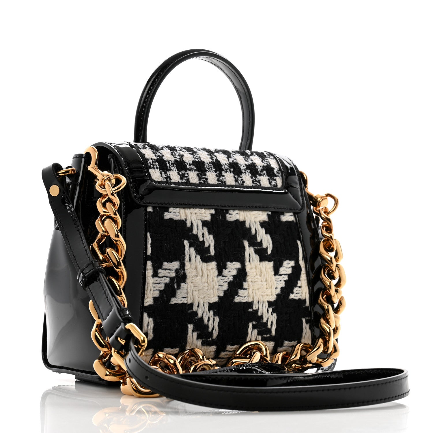 Versace Patent Calfskin Tweed Houndstooth Medusa Small Top Handle Handbag Black White 3 of 12