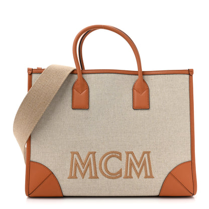 MCM Calfskin Linen Large Munchen Tote Cognac 1 of 13