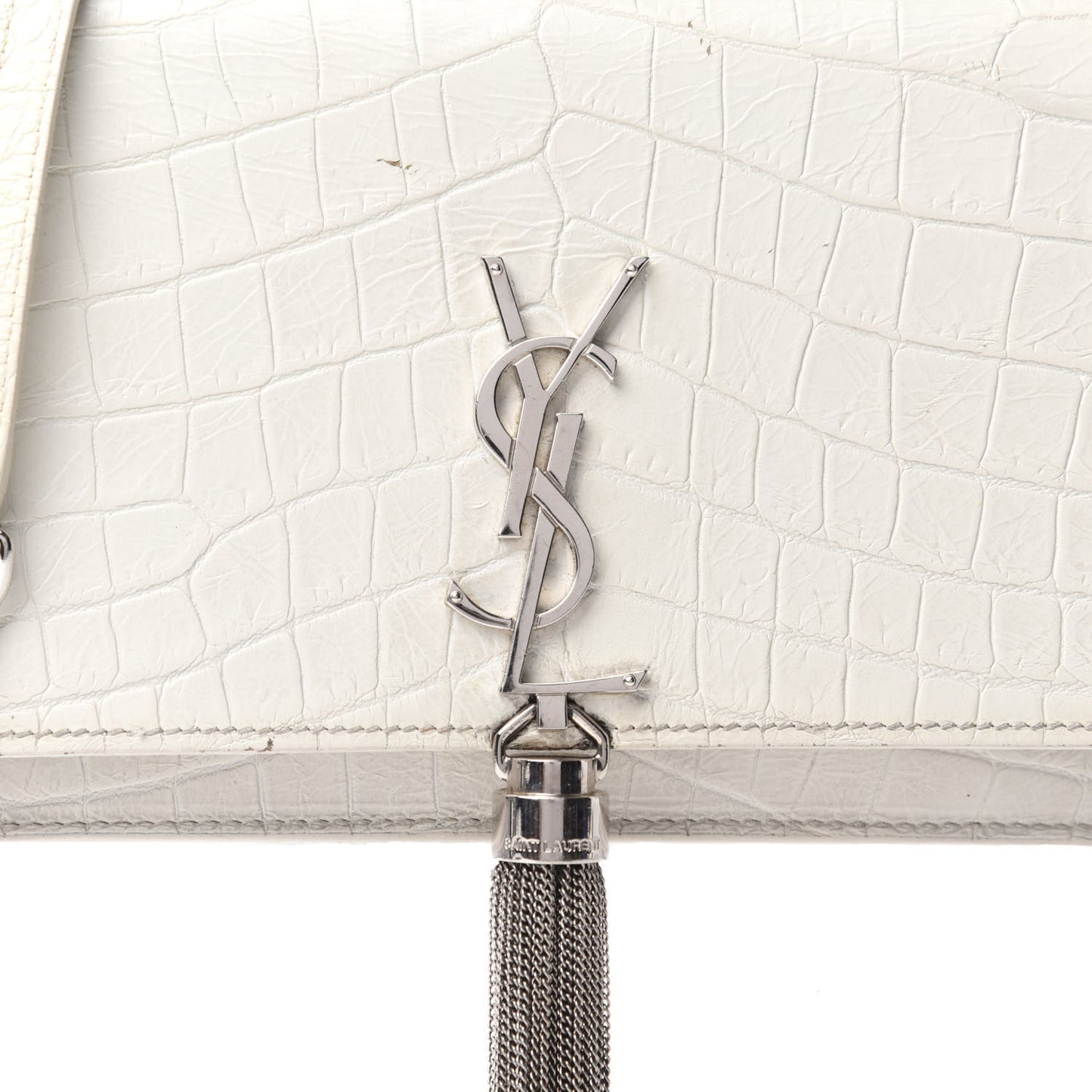 Calfskin Crocodile Embossed Kate Monogram Tassel Chain Wallet Cremasoft