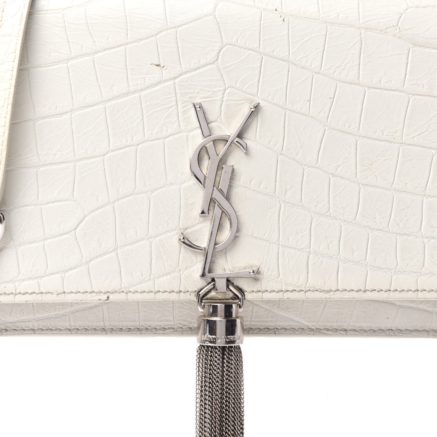 Saint Laurent Calfskin Crocodile Embossed Kate Monogram Tassel Chain Wallet Cremasoft 15 of 16