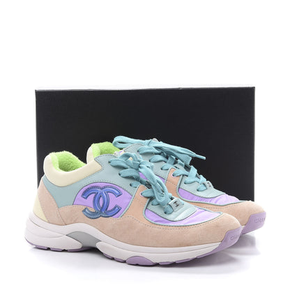 Chanel Nylon Lambskin Suede Calfskin CC Sneakers 37.5 Green Purple Pink 9 of 9