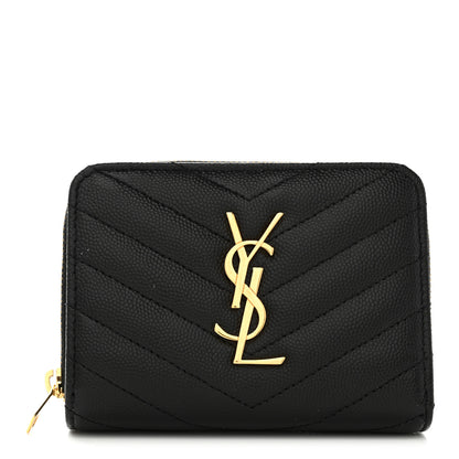 Saint Laurent Grain De Poudre Matelasse Chevron Monogram Compact Zip Around Wallet Black 1 of 8