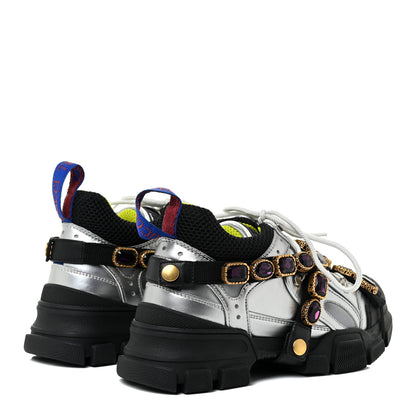Gucci X SEGA Metallic Calfskin Mesh Removable Crystals Womens Flashtrek Sneakers 36 Silver Black 5 of 10