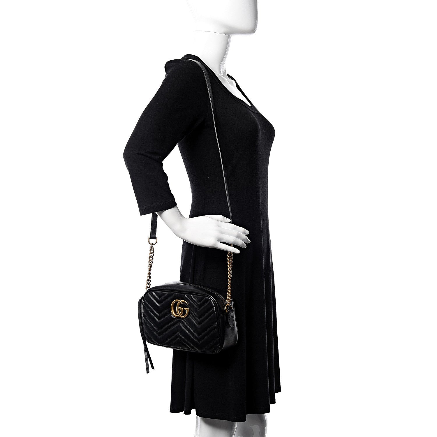 Gucci Calfskin Matelasse Small GG Marmont Chain Shoulder Bag Black 2 of 12