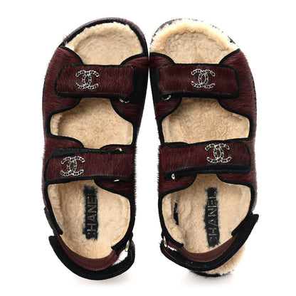 Chanel Calf Hair Suede Shearling Dad Sandals 37.5 Burgundy Black 2 of 9