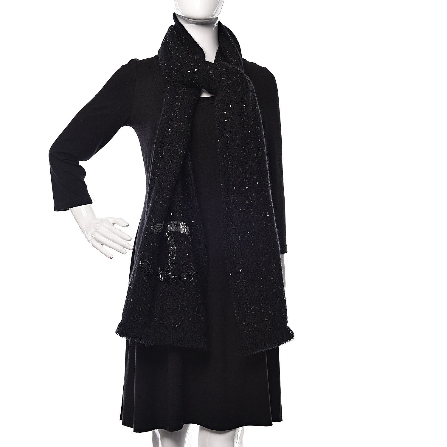 Chanel Cashmere Silk Sequin CC Scarf Black 2 of 7