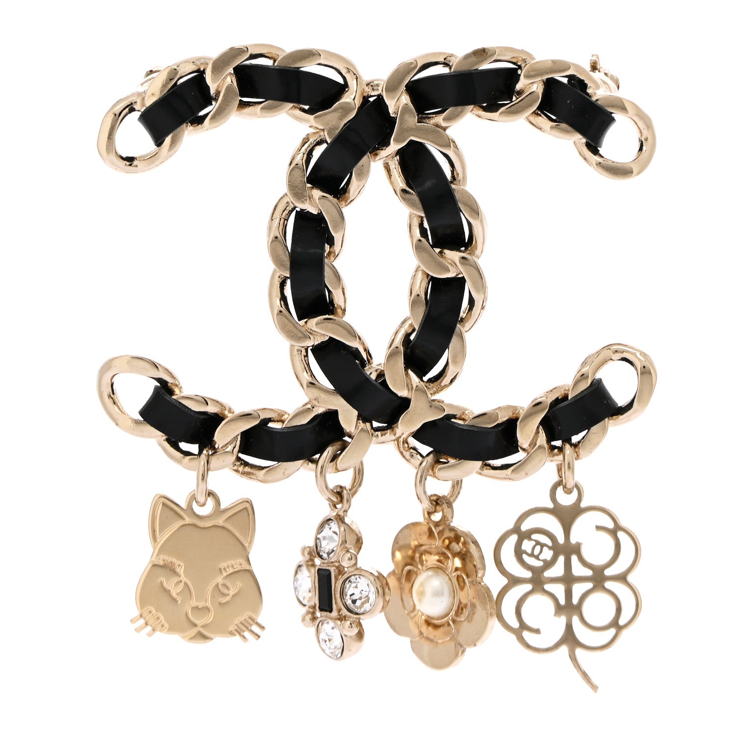 Chanel Lambskin Crystal Chain CC Charms Brooch Black Gold 1 of 4