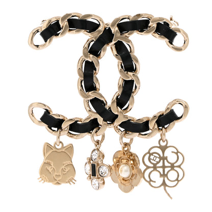 Chanel Lambskin Crystal Chain CC Charms Brooch Black Gold 1 of 4