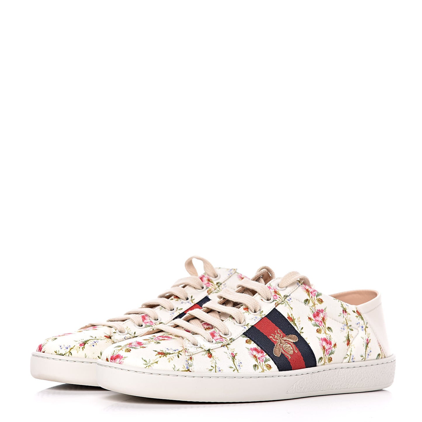 Calfskin Web Rose Print Bee Embroidered Womens Ace Sneakers 39.5 White