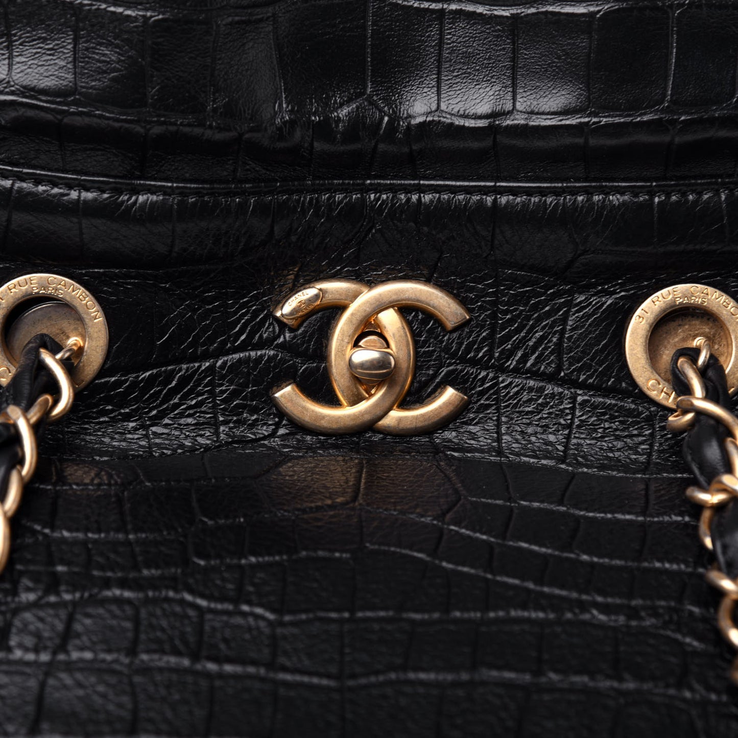 Calfskin Crocodile Embossed Large Cocodile Shopping Tote Black