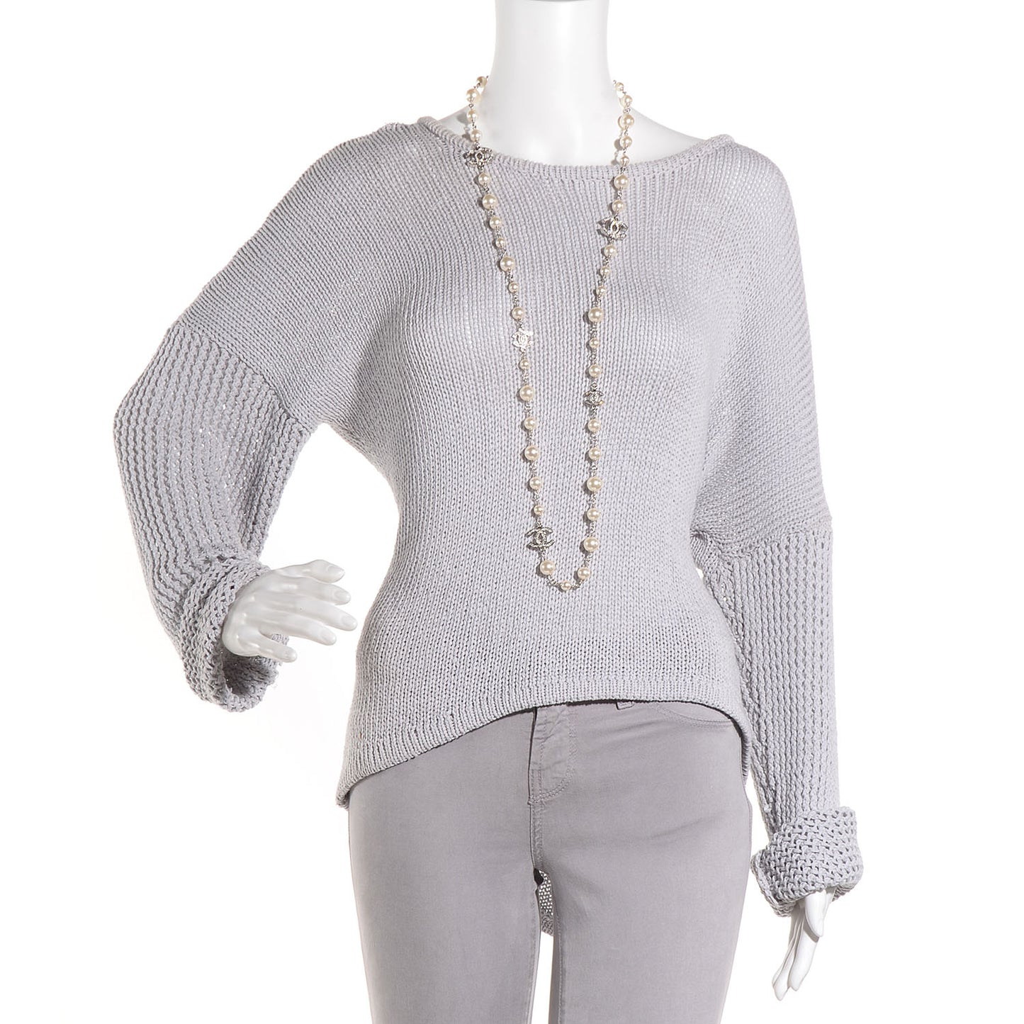 Crystal Pearl CC Long Necklace Silver