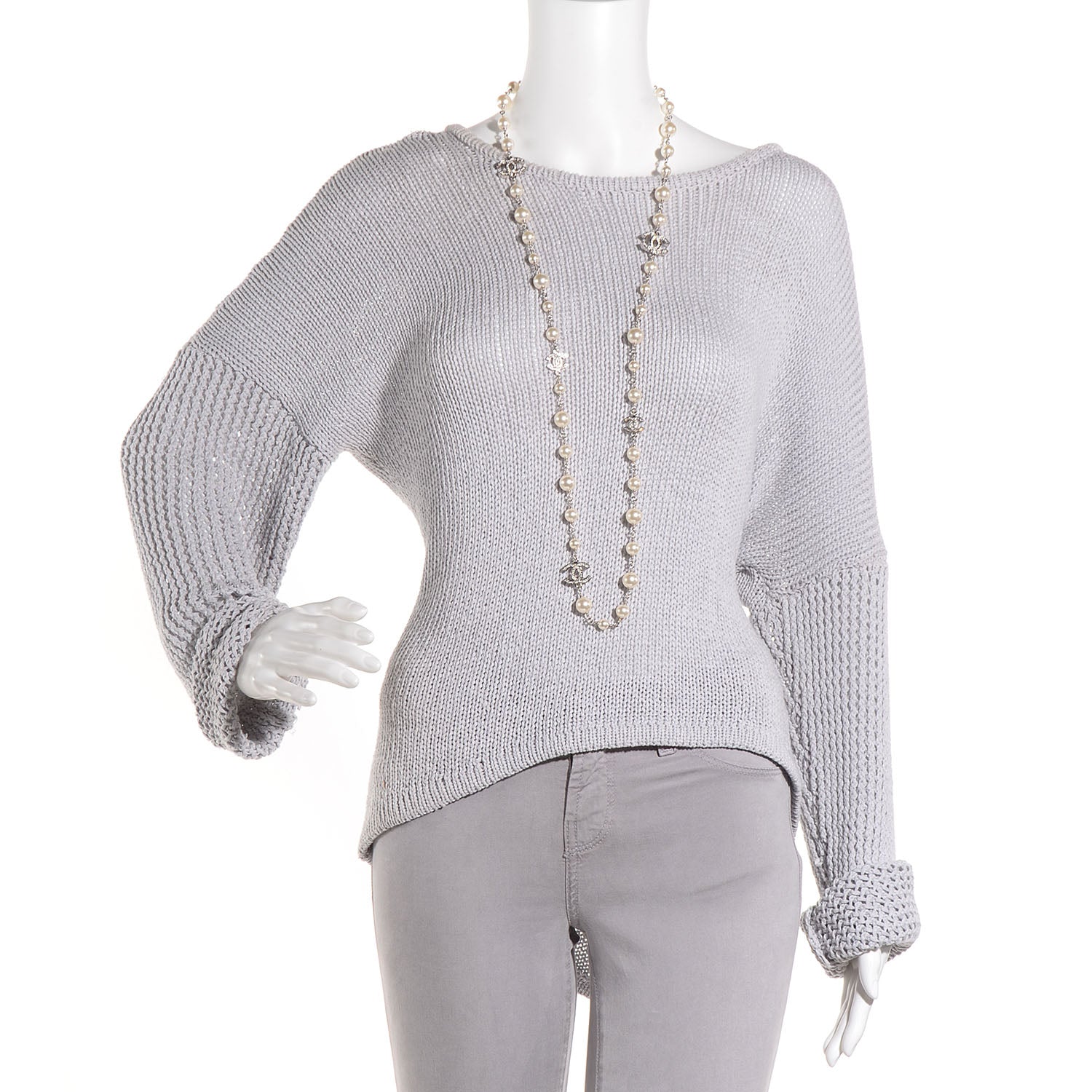 Chanel Crystal Pearl CC Long Necklace Silver 2 of 5