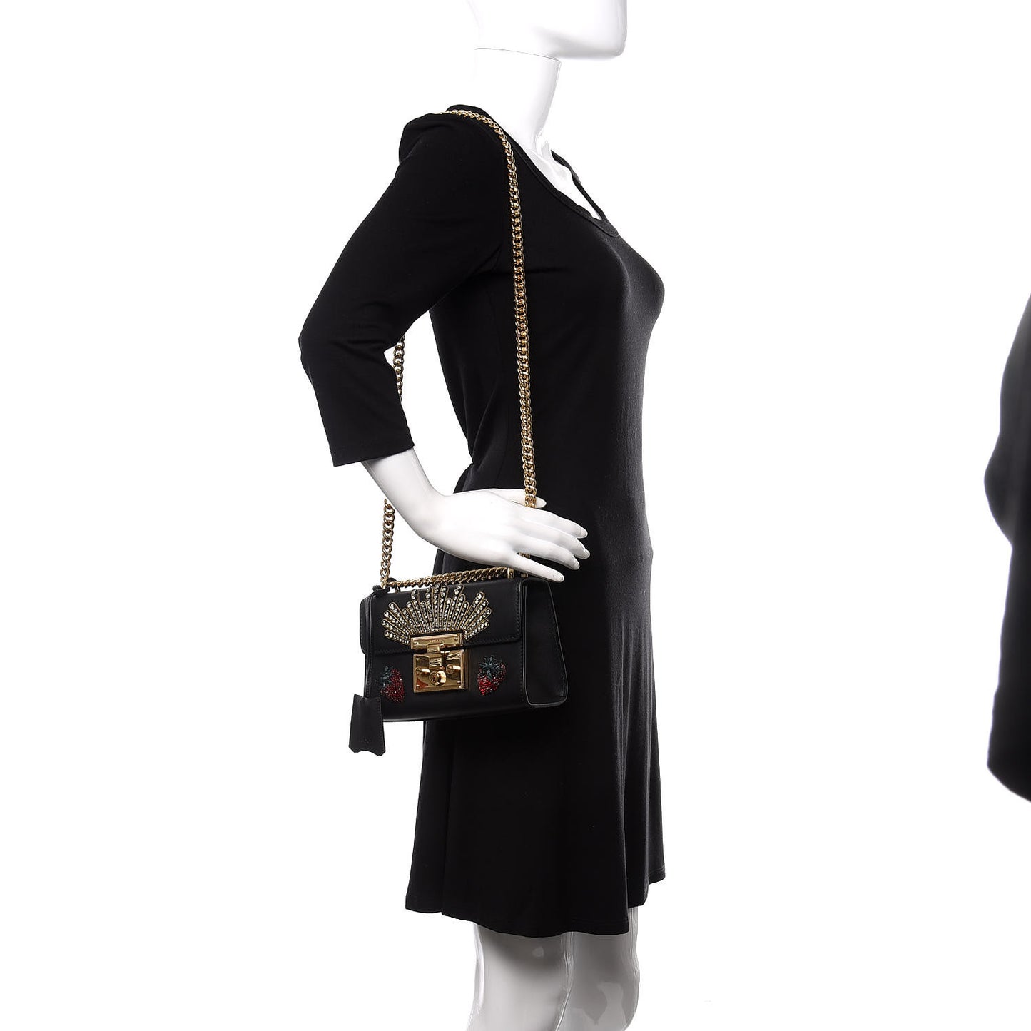 Calfskin Strawberry Embroidered Small Padlock Shoulder Bag Black