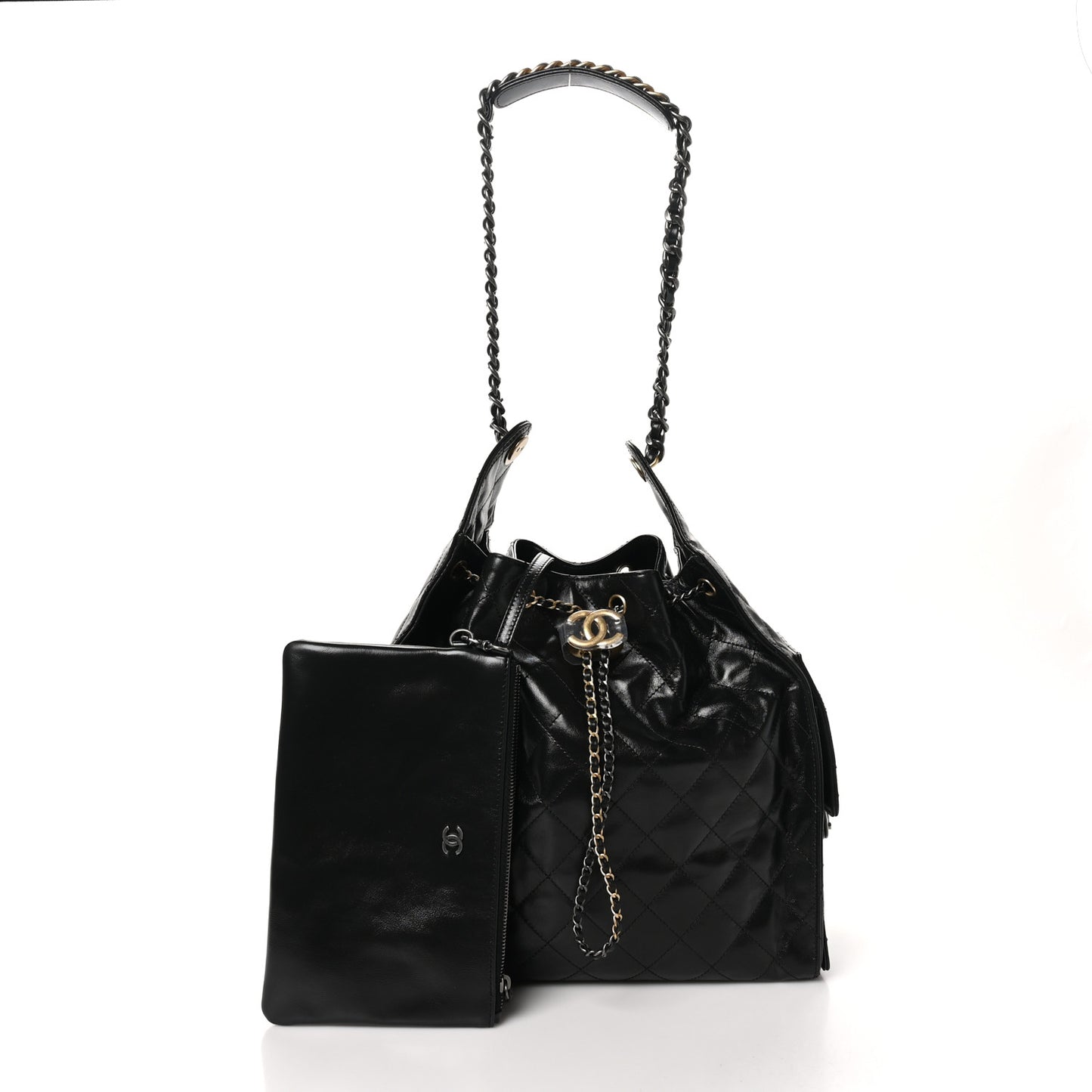 Shiny Crumpled Calfskin Quilted Medium Chanel 25 Handbag Black