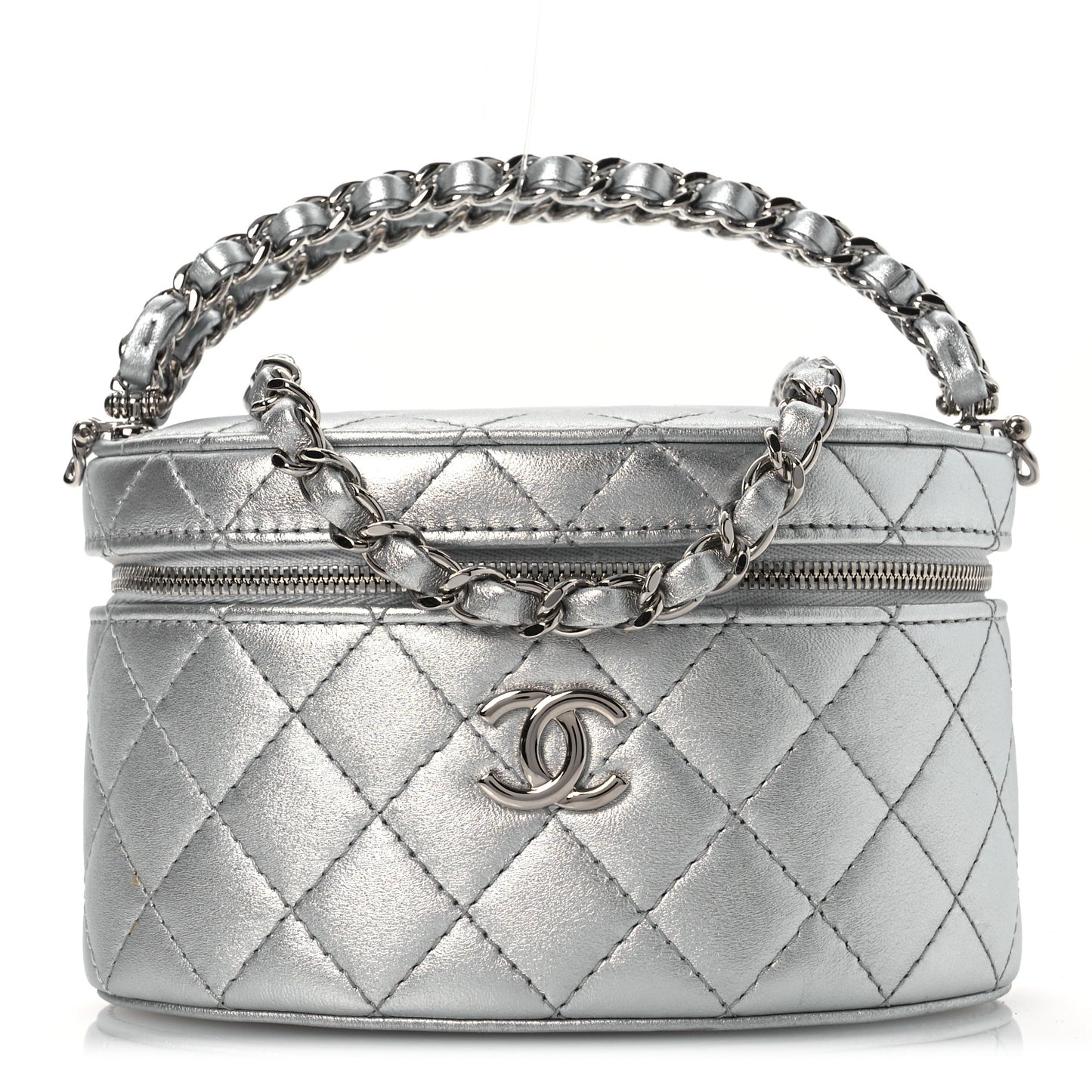 Metallic Calfskin Quilted Fancy Box Vanity Case With Chain Silver