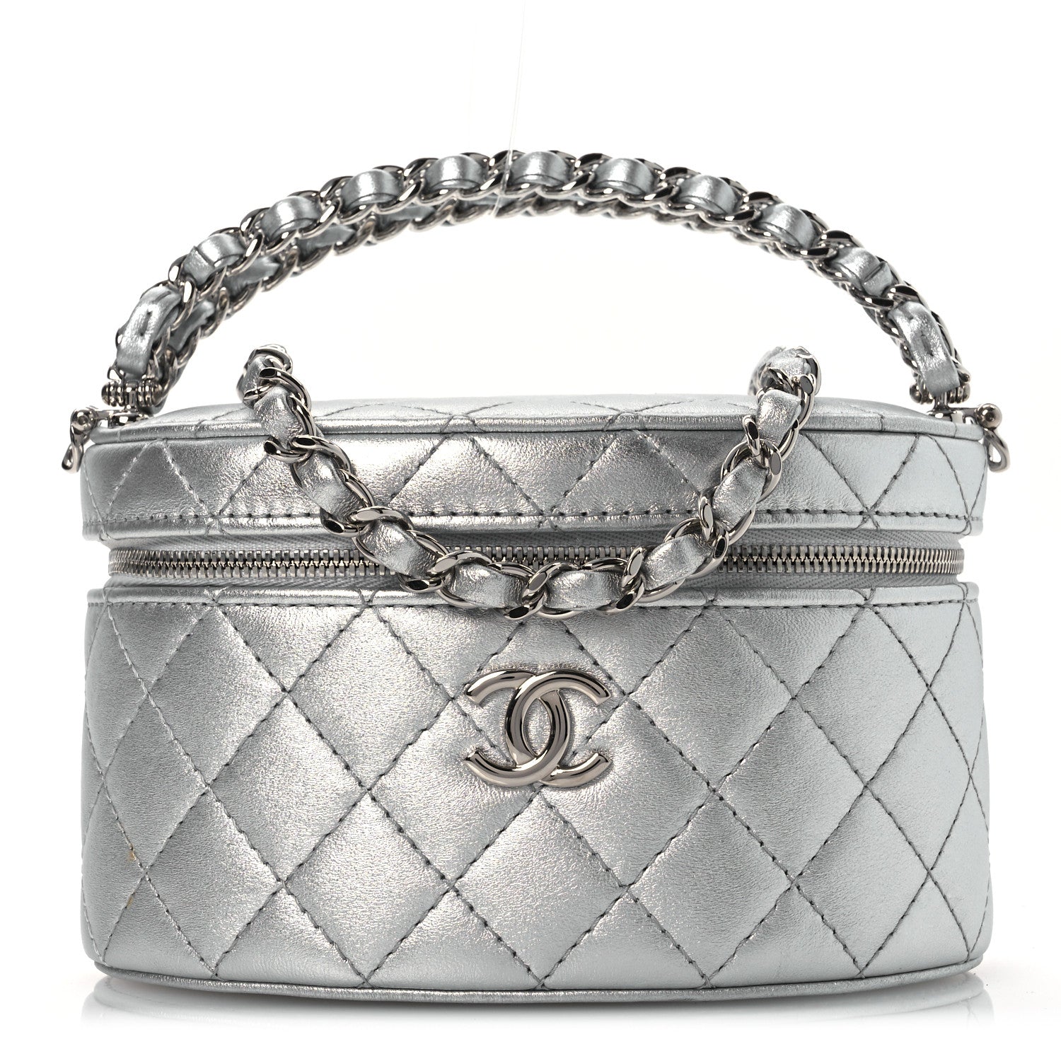 Chanel Metallic Calfskin Quilted Fancy Box Vanity Case With Chain Silver 1 of 11