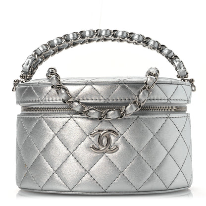 Chanel Metallic Calfskin Quilted Fancy Box Vanity Case With Chain Silver 1 of 11