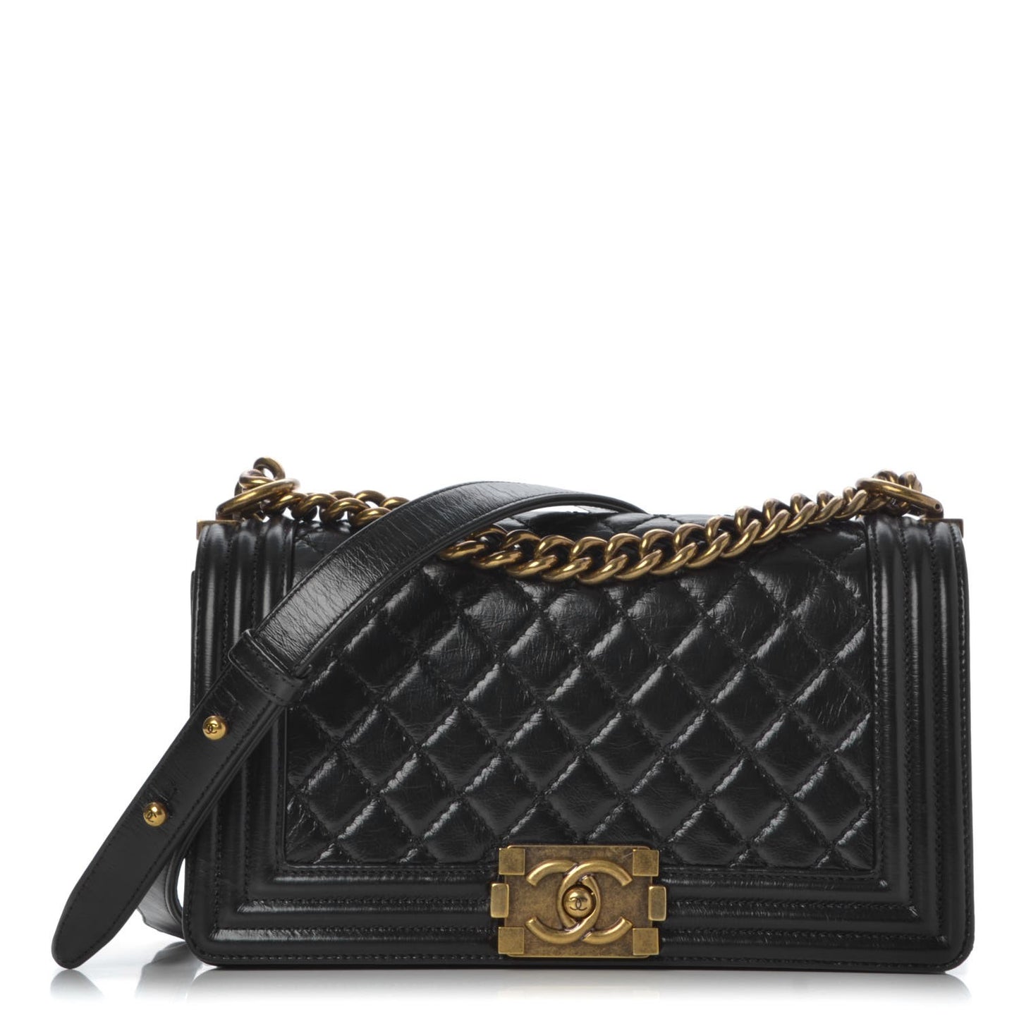 Glazed Calfskin Quilted Medium Boy Flap Black