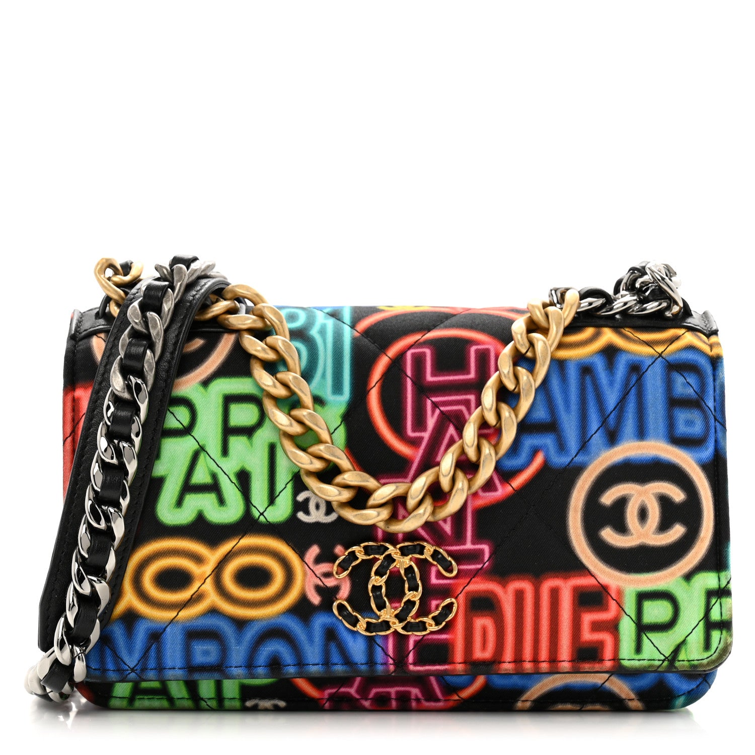 Chanel Fabric Printed Chanel 19 Wallet On Chain WOC Black Multicolor 1 of 15