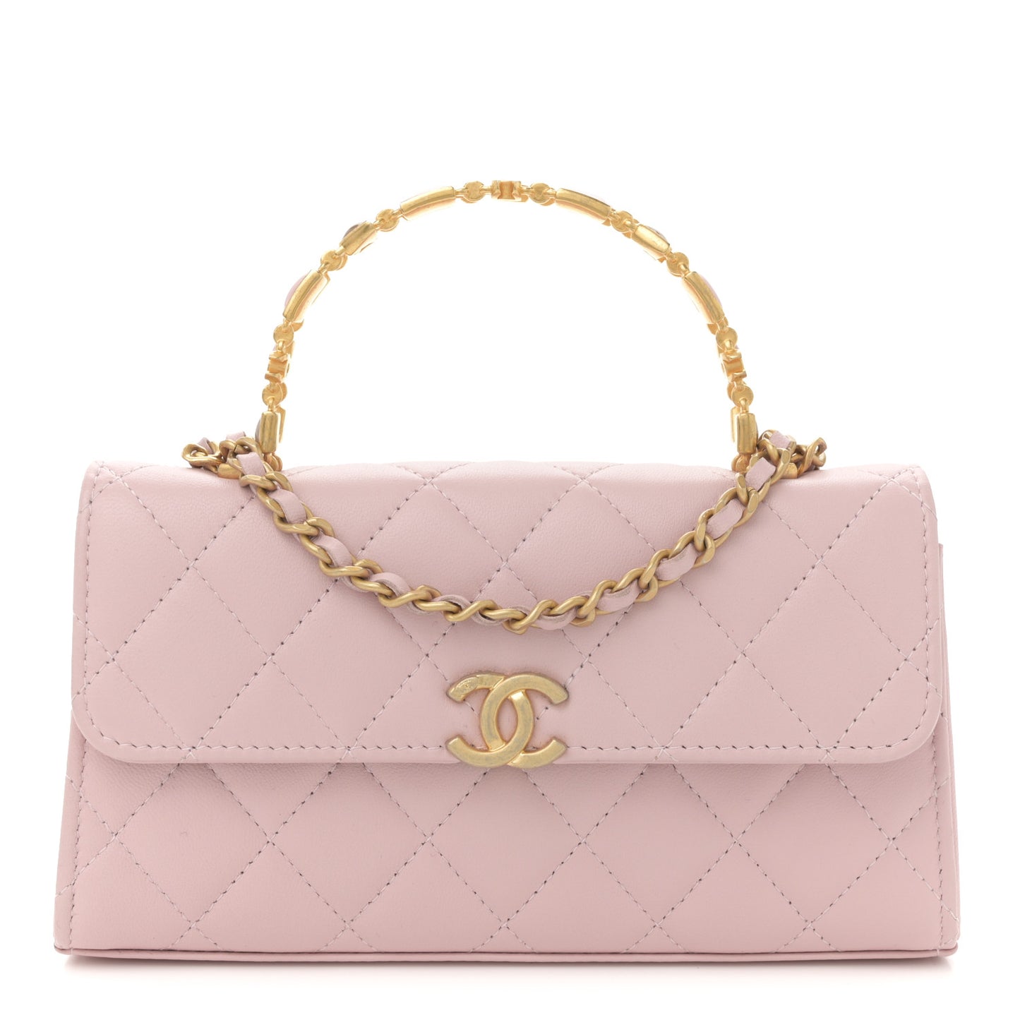 Lambskin Enamel Quilted Top Handle Flap Phone Holder With Chain Pink