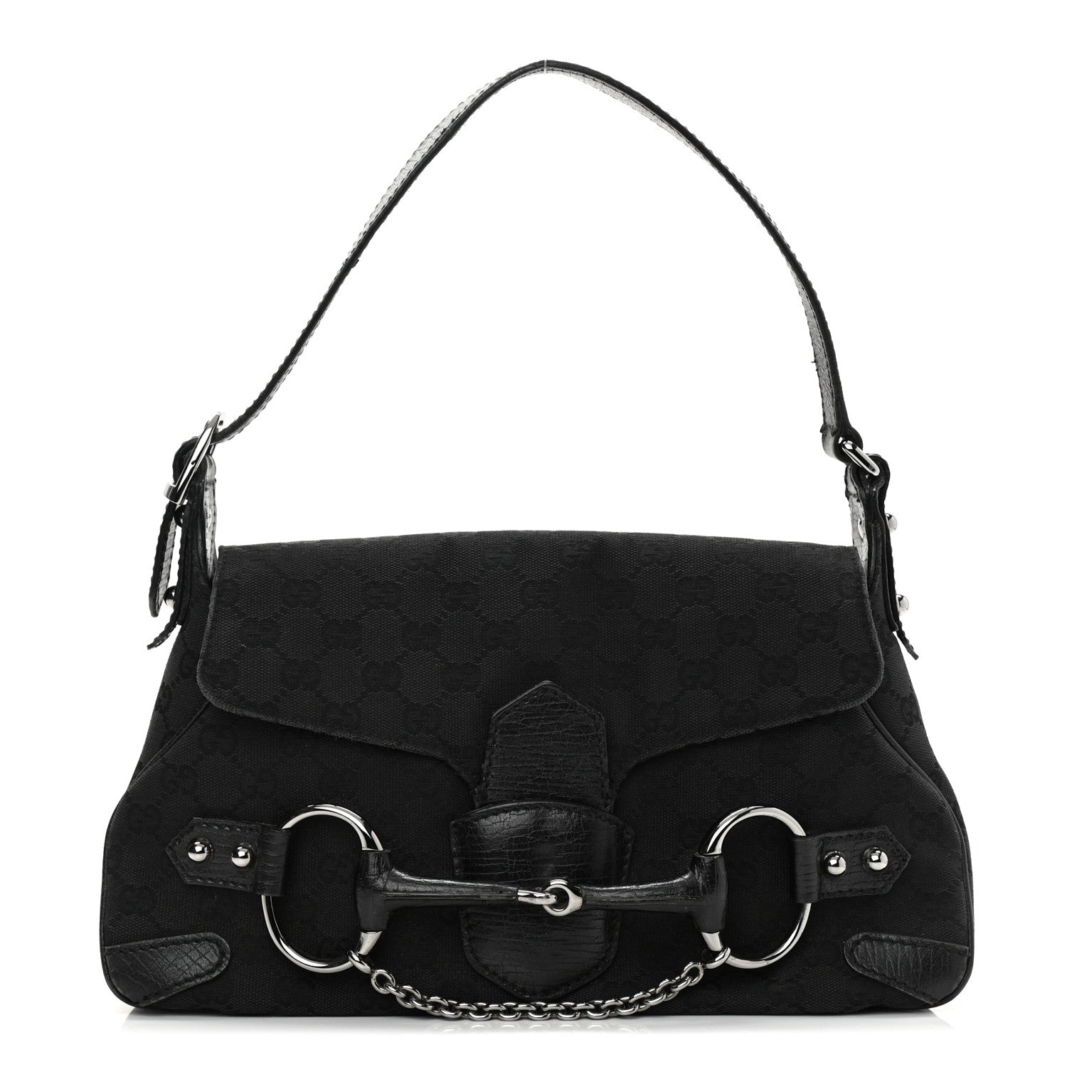 Gucci Monogram Horsebit Chain Flap Shoulder Bag Black 1 of 18