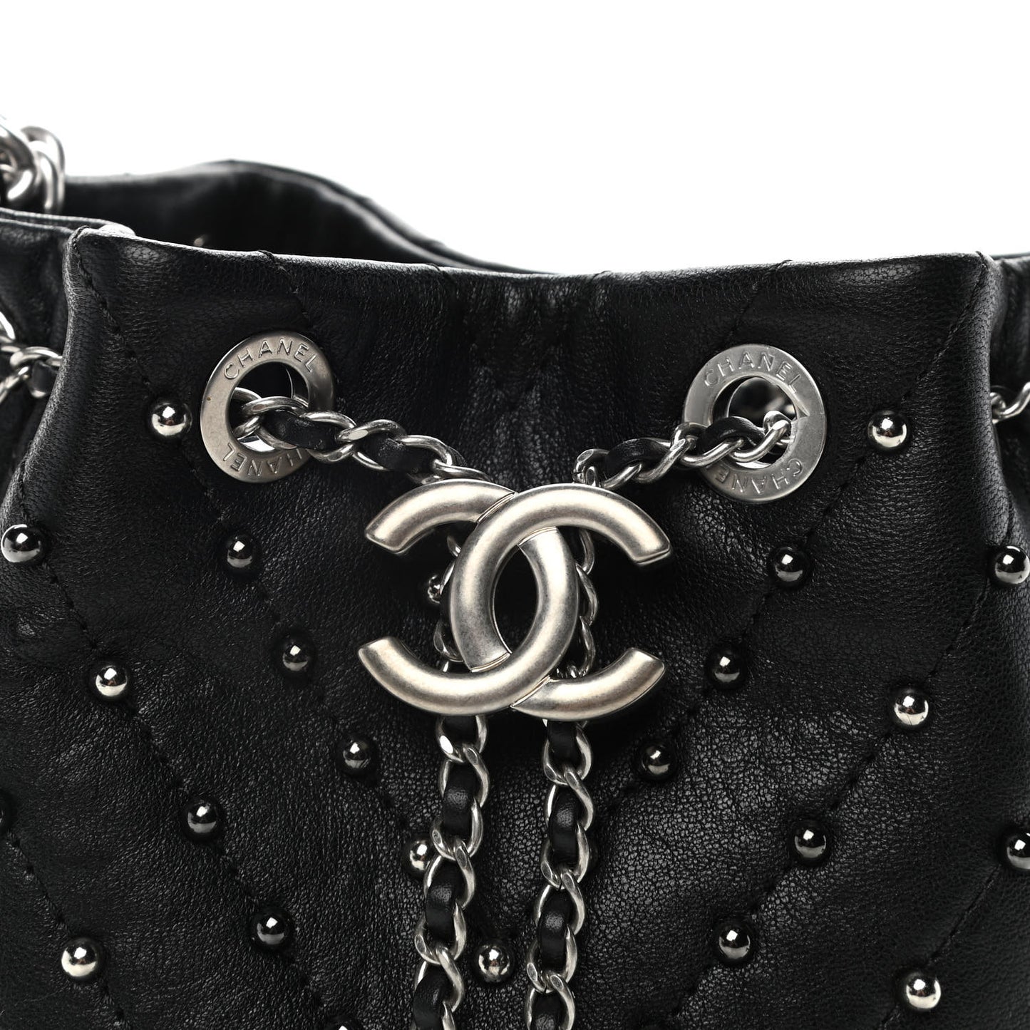 Lambskin Studded Chevron Quilted Small Stud Wars Drawstring Bag Black