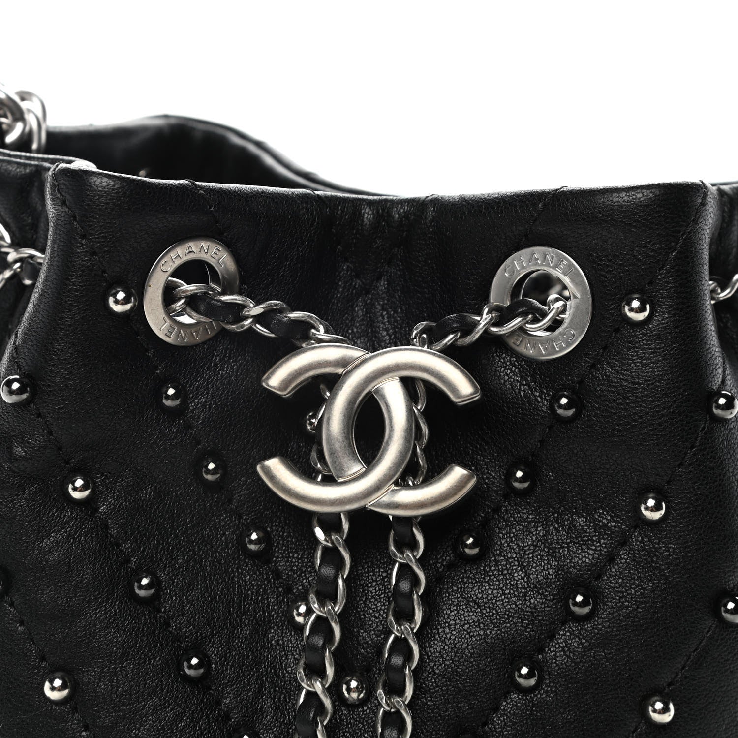 Chanel Lambskin Studded Chevron Quilted Small Stud Wars Drawstring Bag Black 8 of 10