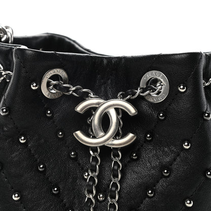 Chanel Lambskin Studded Chevron Quilted Small Stud Wars Drawstring Bag Black 8 of 10