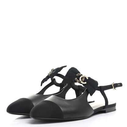 Chanel Lambskin Grosgrain Crystal Chain CC Logo Bow Slingback Flats 36 Black 3 of 8